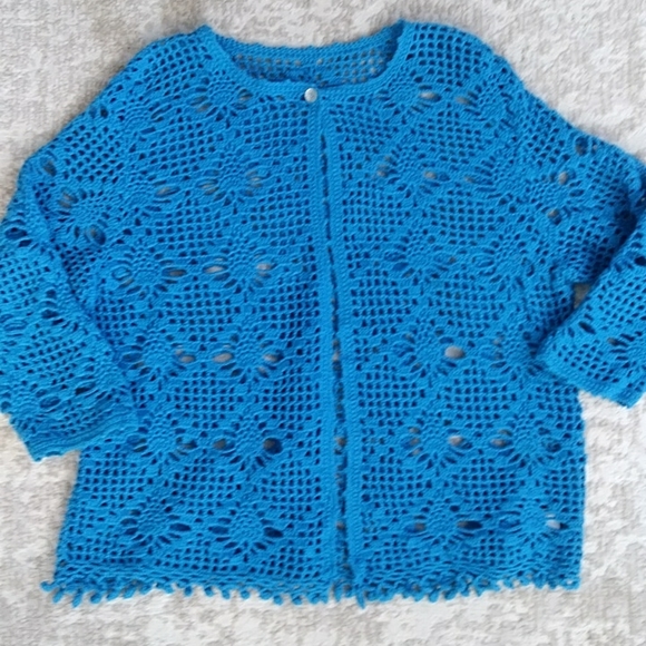 Style Studio Crochet Open Weave Cardigan Sweater 1X Blue - Picture 12 of 13